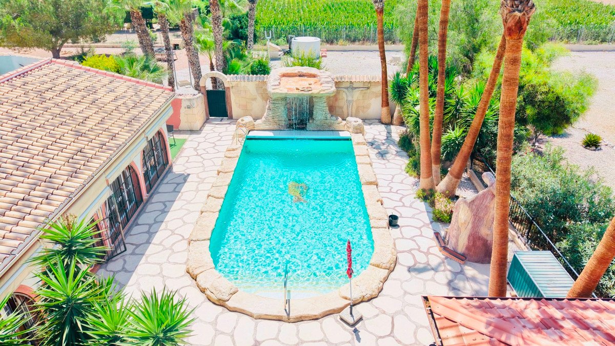 Aerial view of a backyard swimming pool with a waterfall feature surrounded by palm trees and stone patio.