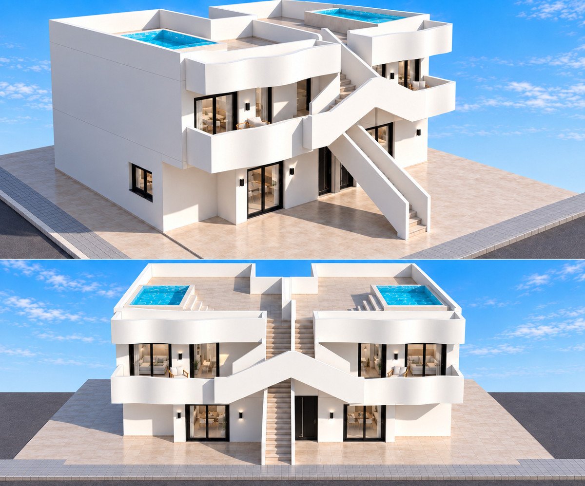 Modern white villa with rooftop pools, balconies, and outdoor stairs. Luxury residential building with contemporary design.