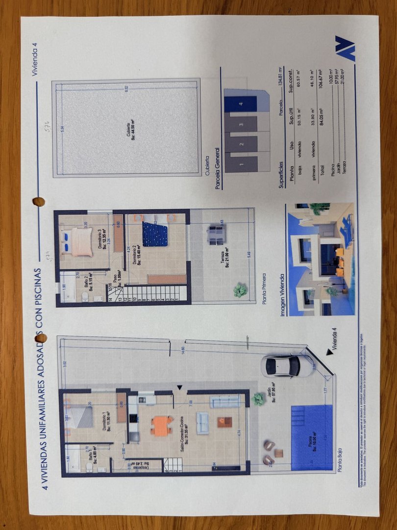 Floor plan of a tri-level house with multiple bedrooms, bathrooms, a living area, kitchen, patio, and a swimming pool.