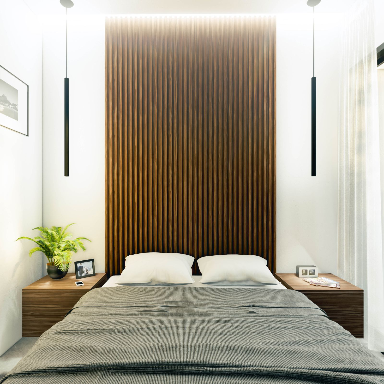 Moderne slaapkamer met houten lambrisering