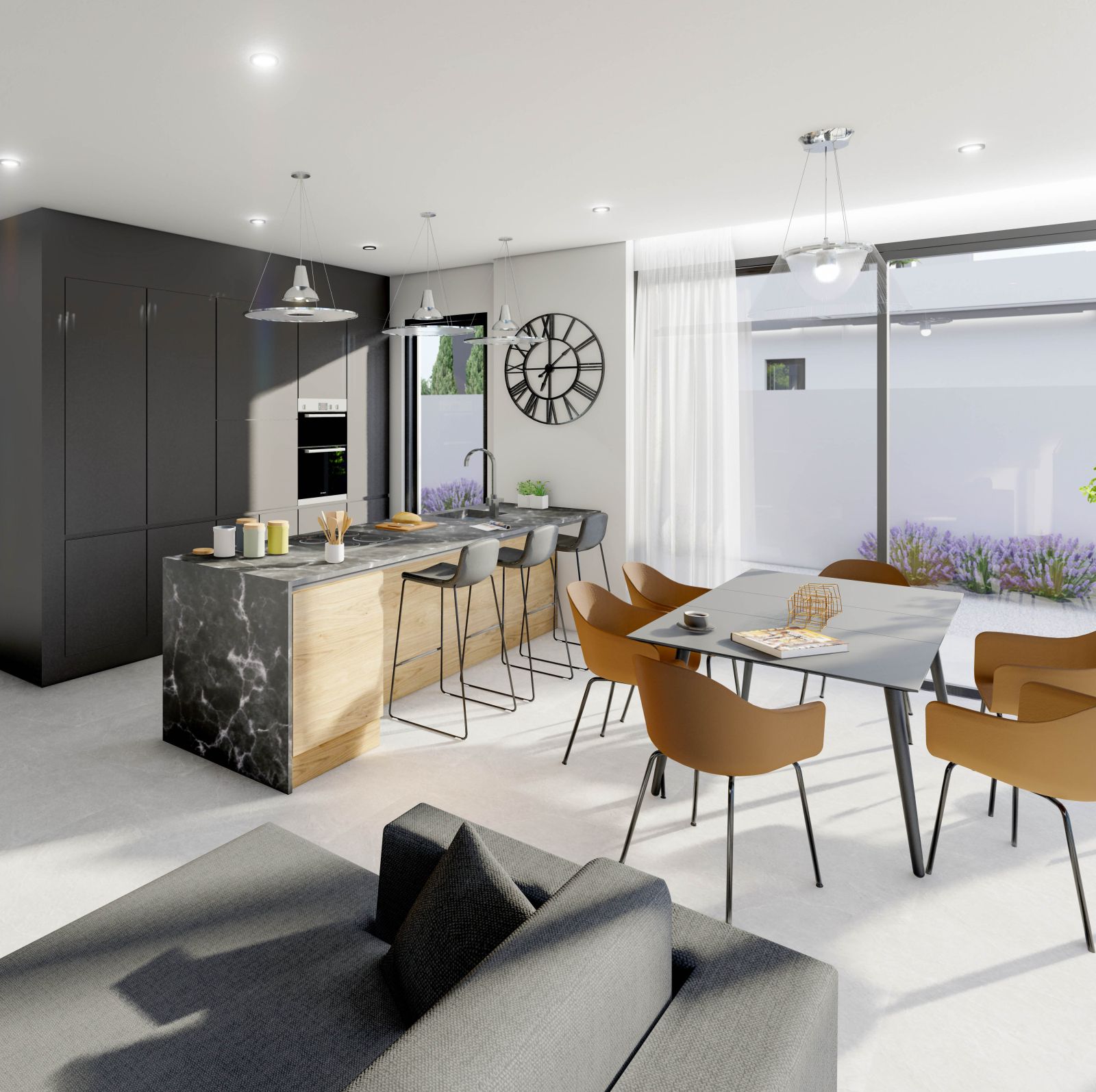 Moderne keuken met eethoek en uitzicht op de tuin