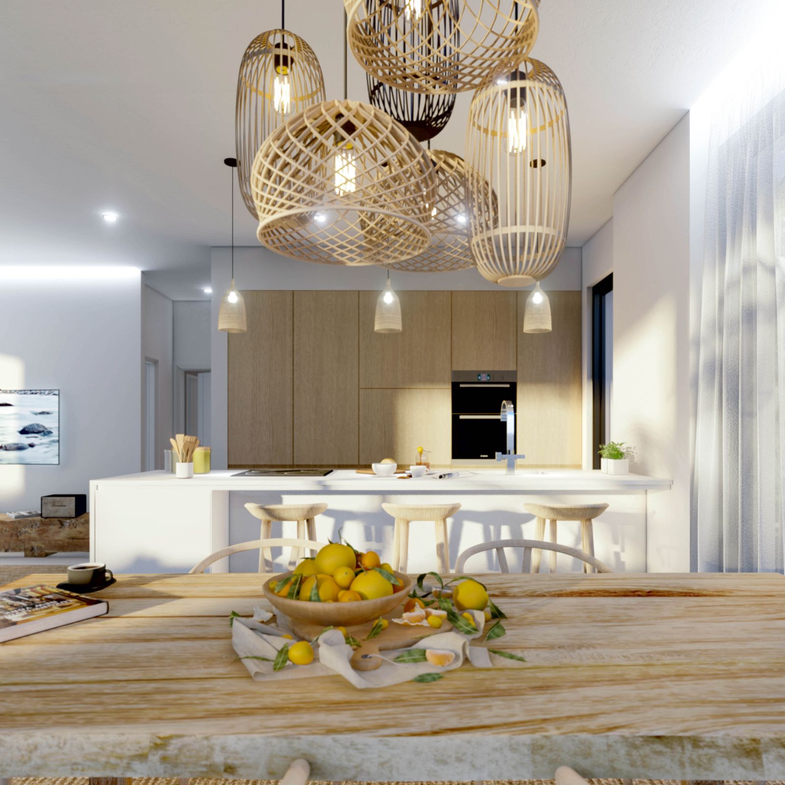 Moderne keuken met houten eettafel en fruit in een kom.