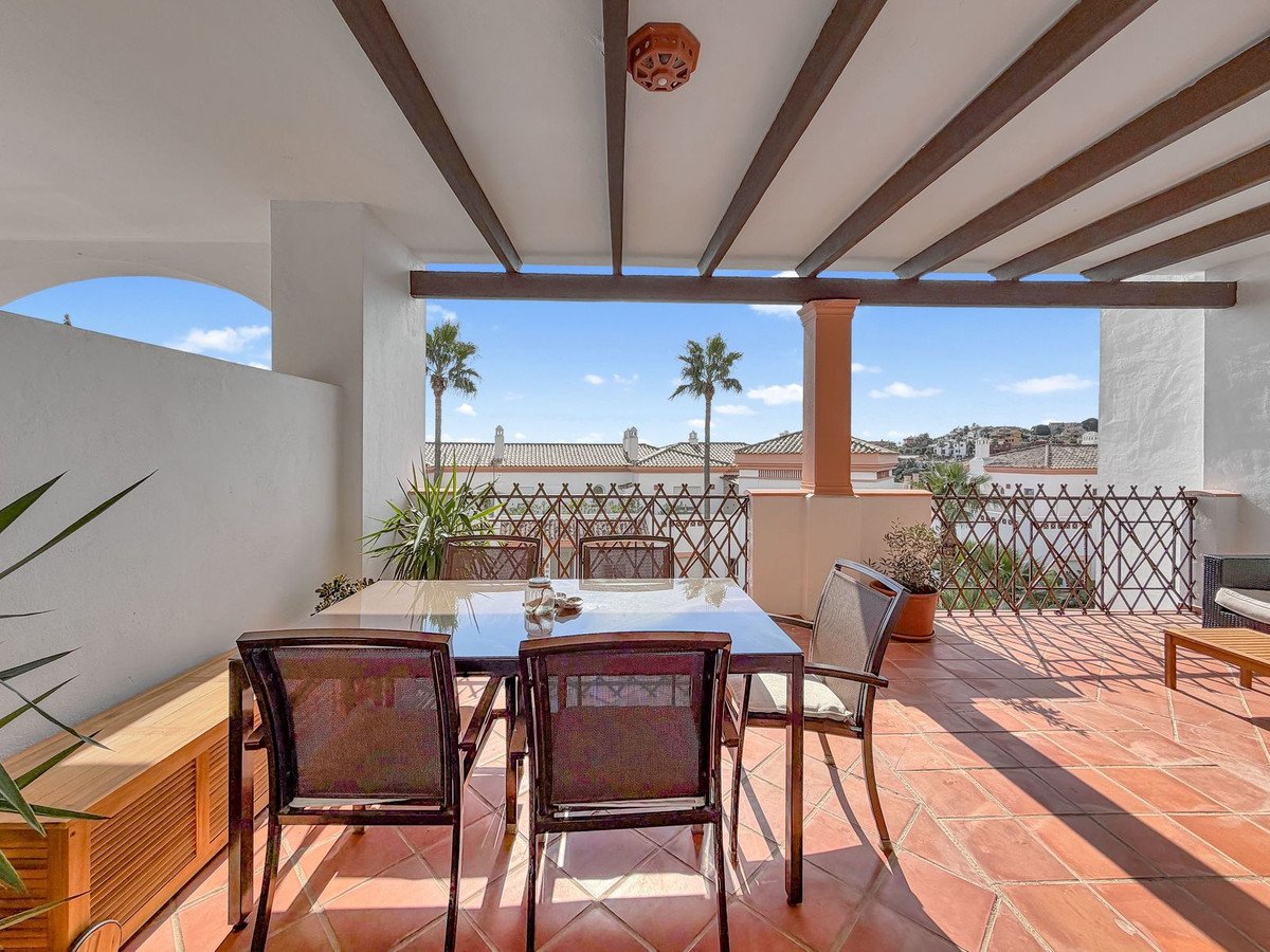 A sunny terrace with a dining table, chairs, and palm tree views.
