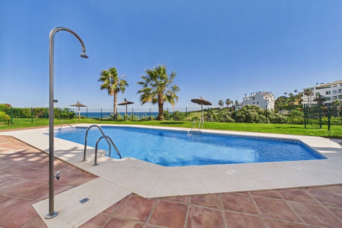 Outdoor swimming pool with a shower and palm trees overlooking the sea and buildings.