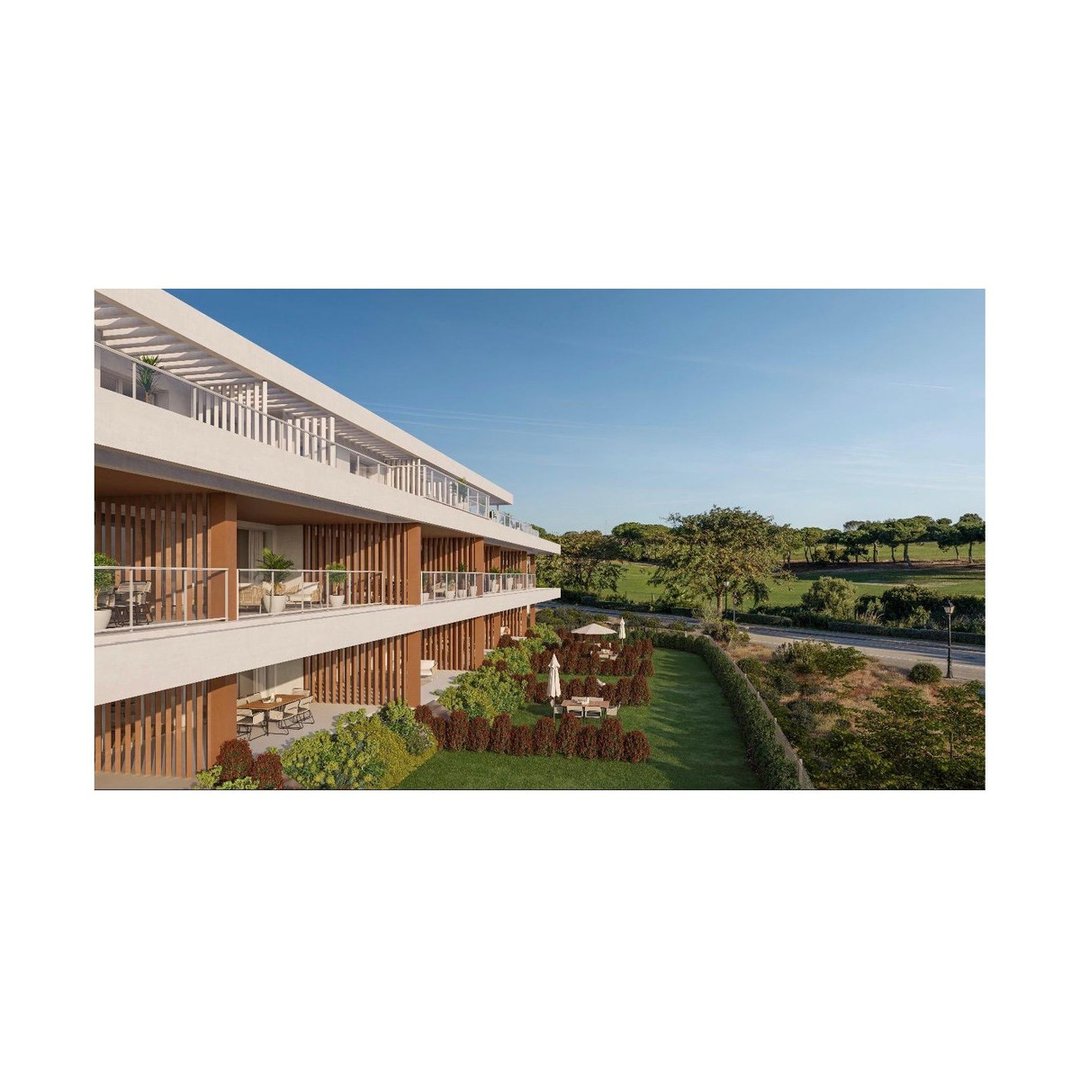 Modern apartment building with outdoor garden and green landscape view