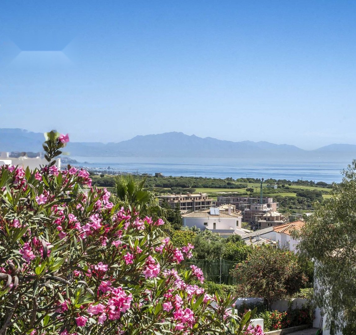 A scenic view of the sea and mountains, with lush green landscaping and blooming pink flowers in the foreground.