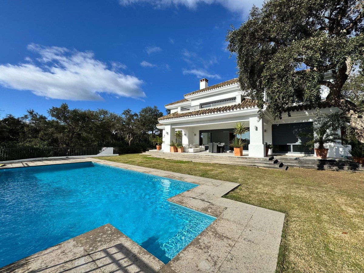 Luxury villa with a swimming pool and green garden under a blue sky with scattered clouds.