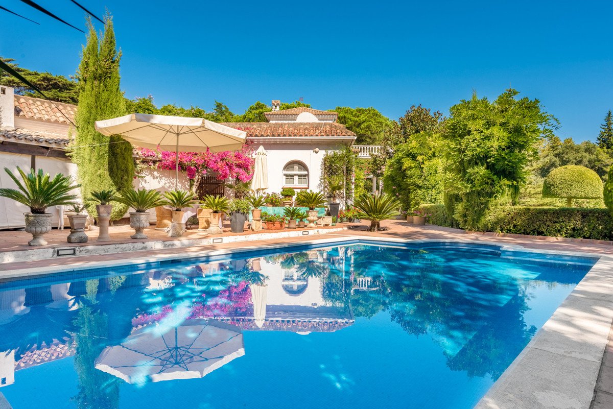 A luxurious villa with a bright blue swimming pool and lush green gardens, featuring potted plants and pink bougainvillea.