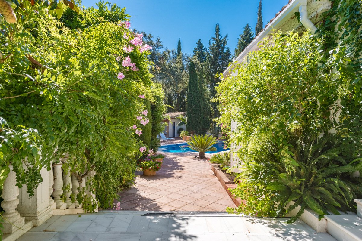 Pathway leads to a swimming pool surrounded by lush green gardens and flowering vines, with trees in the background.