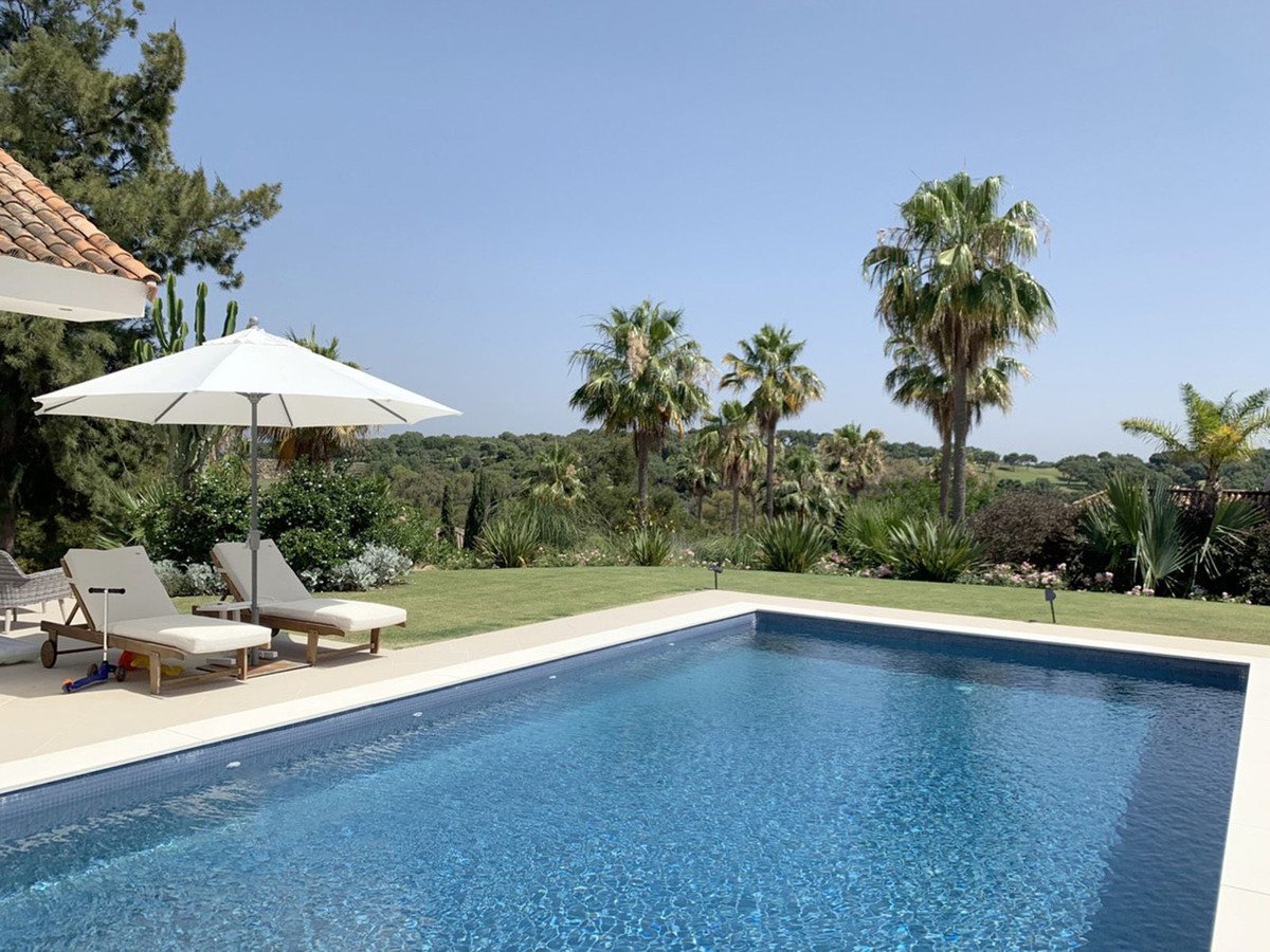 A swimming pool with blue water, lounge chairs, and a white umbrella surrounded by palm trees and lush greenery under a clear blue sky.