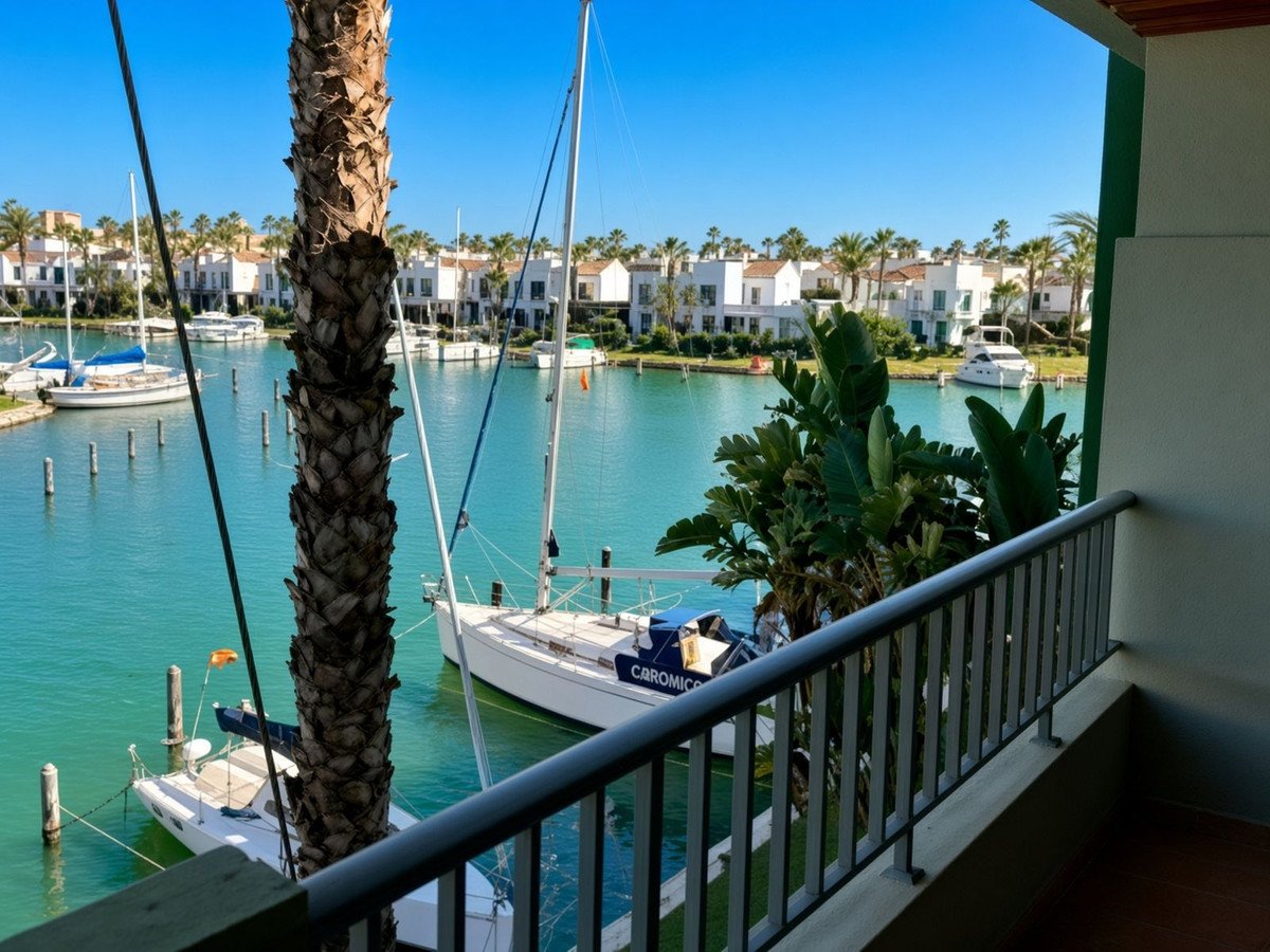 View of a marina with boats and white houses from a balcony with palm trees in the foreground.