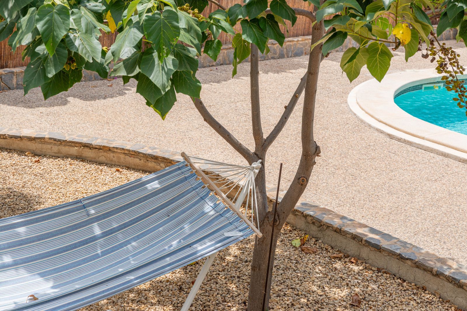Hangmat aan een boom bij een zwembad voor ontspanning