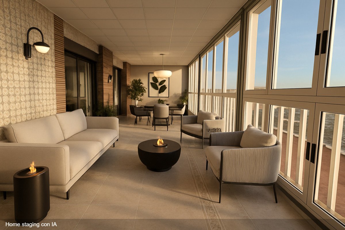 Modern living room with large windows overlooking the sea