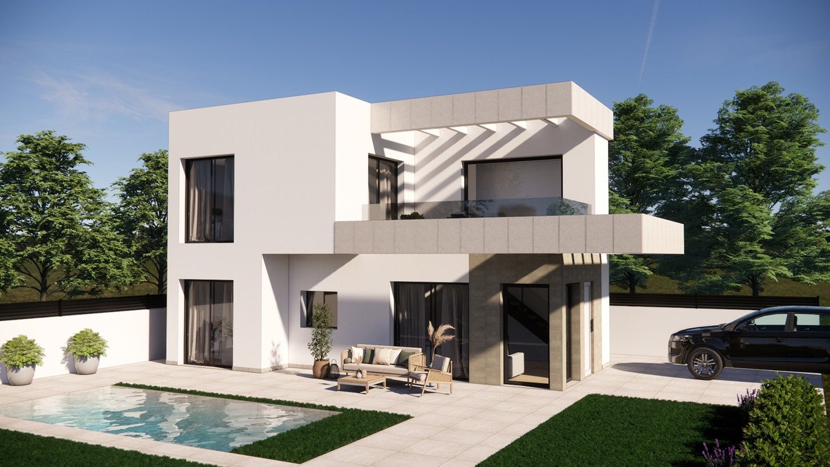 Modern two-story house with a swimming pool, outdoor seating area, balcony, and a black car parked outside.