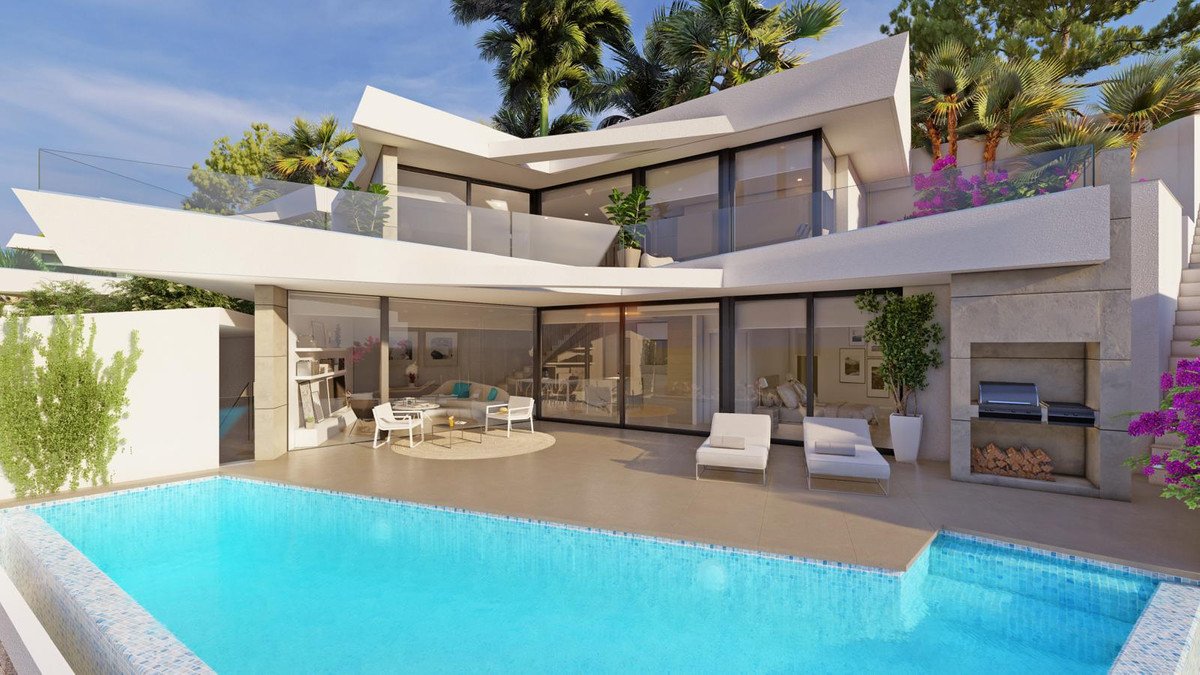 Modern villa with swimming pool, outdoor lounge, and patio area