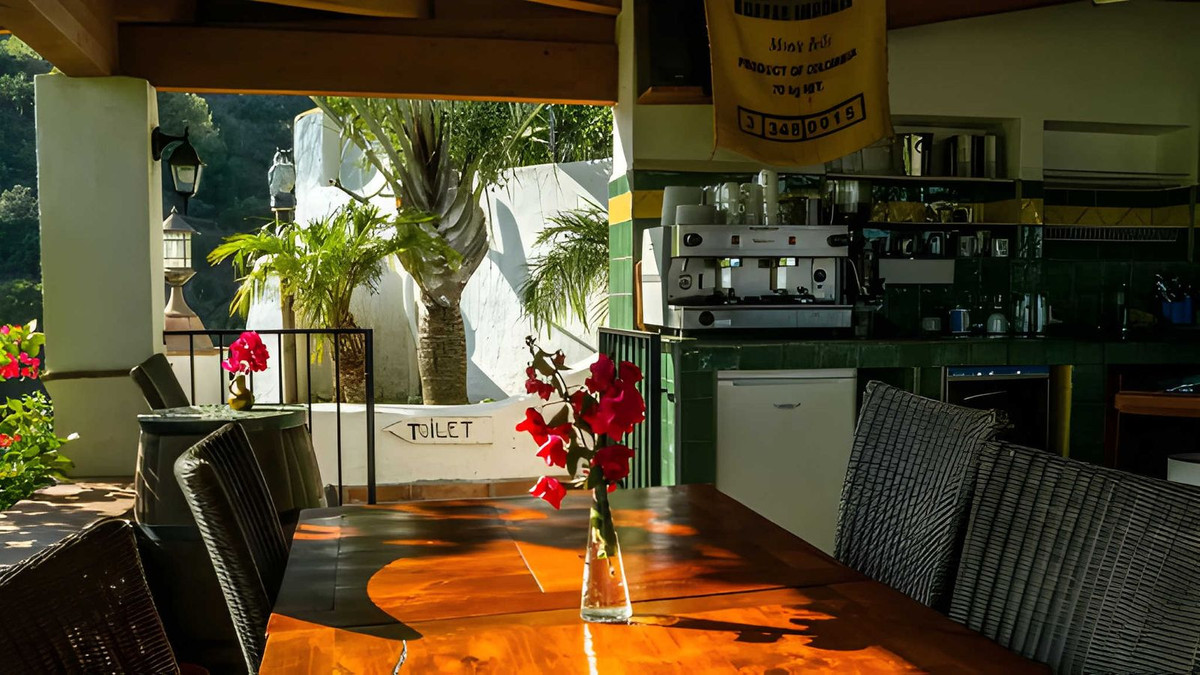 Overdekte patio met keuken en uitzicht naar buiten.