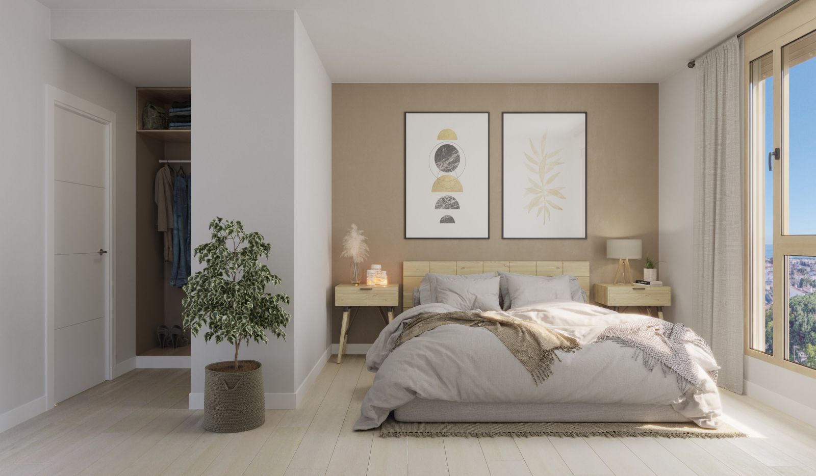 Gezellige slaapkamer met minimalistische inrichting en veel lichtinval.