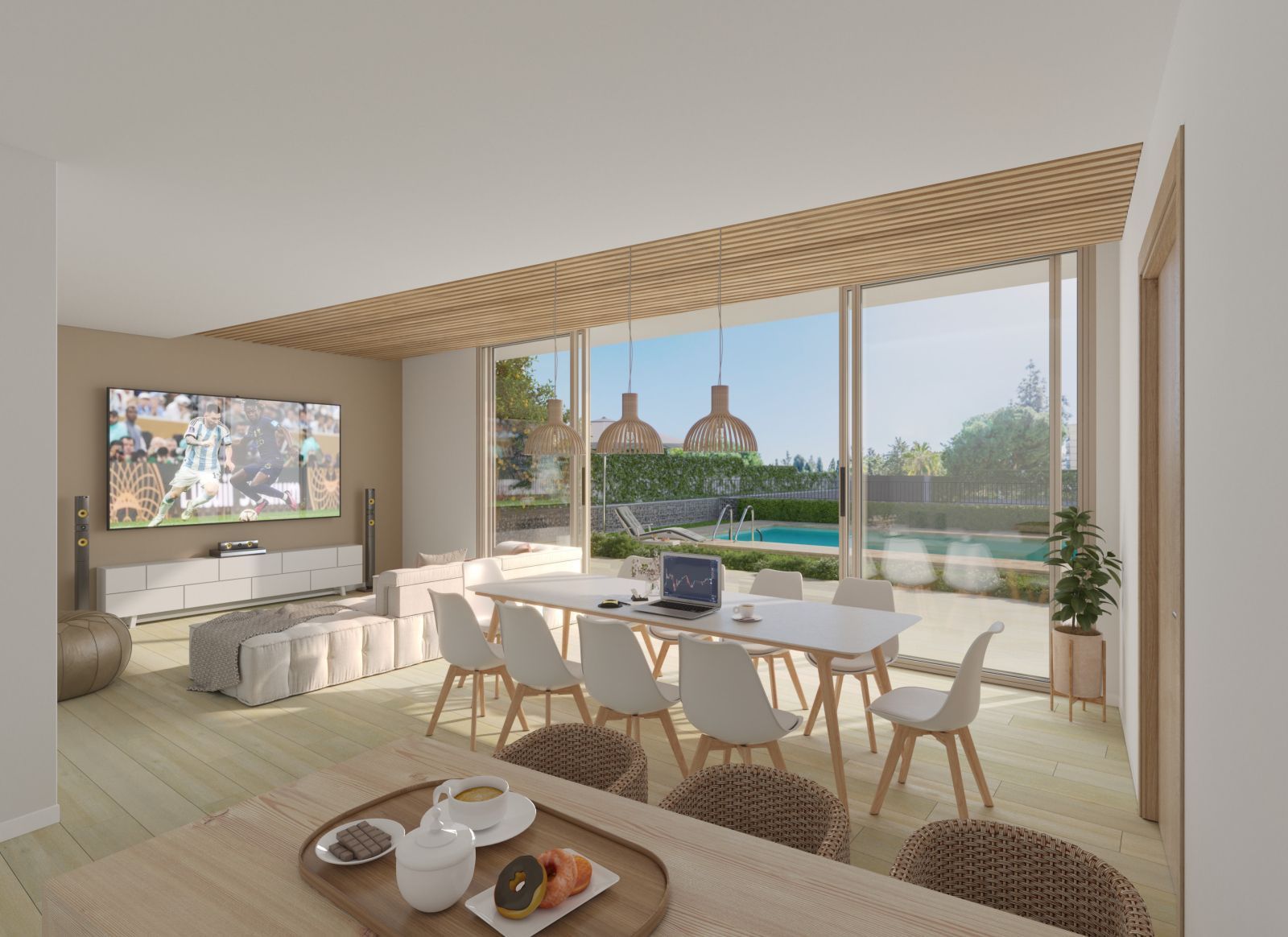 Moderne woon- en eetkamer met uitzicht op het zwembad.