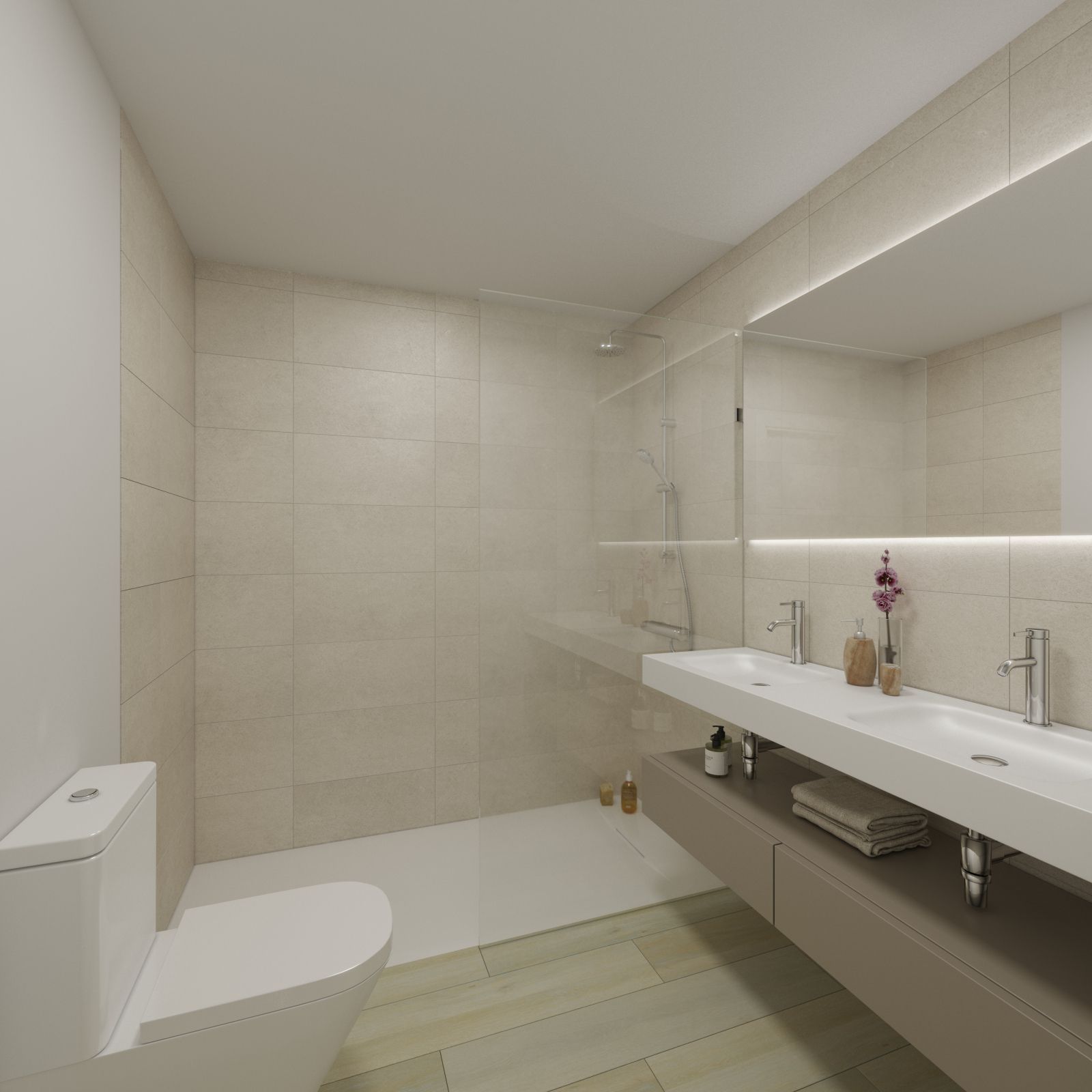 Moderne badkamer in neutrale tinten met inloopdouche en dubbele wastafel