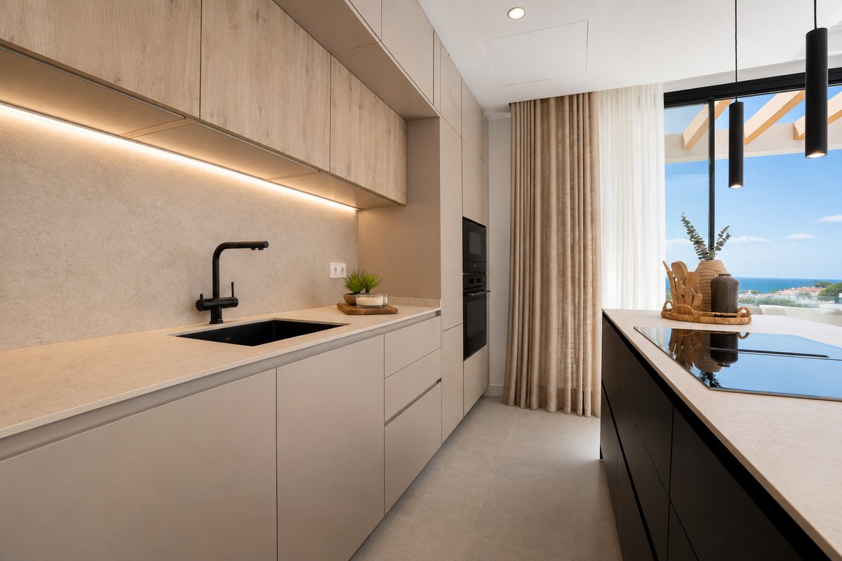 A modern kitchen with sleek cabinetry, integrated appliances, and a stunning view of the sea and coastline through a large window.