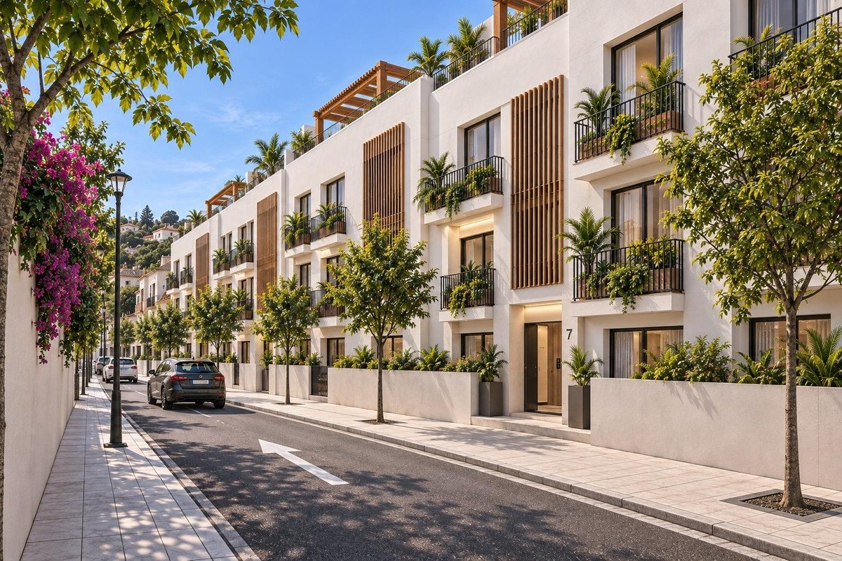Row of modern apartments with balconies, lush greenery, and a street view on a sunny day.