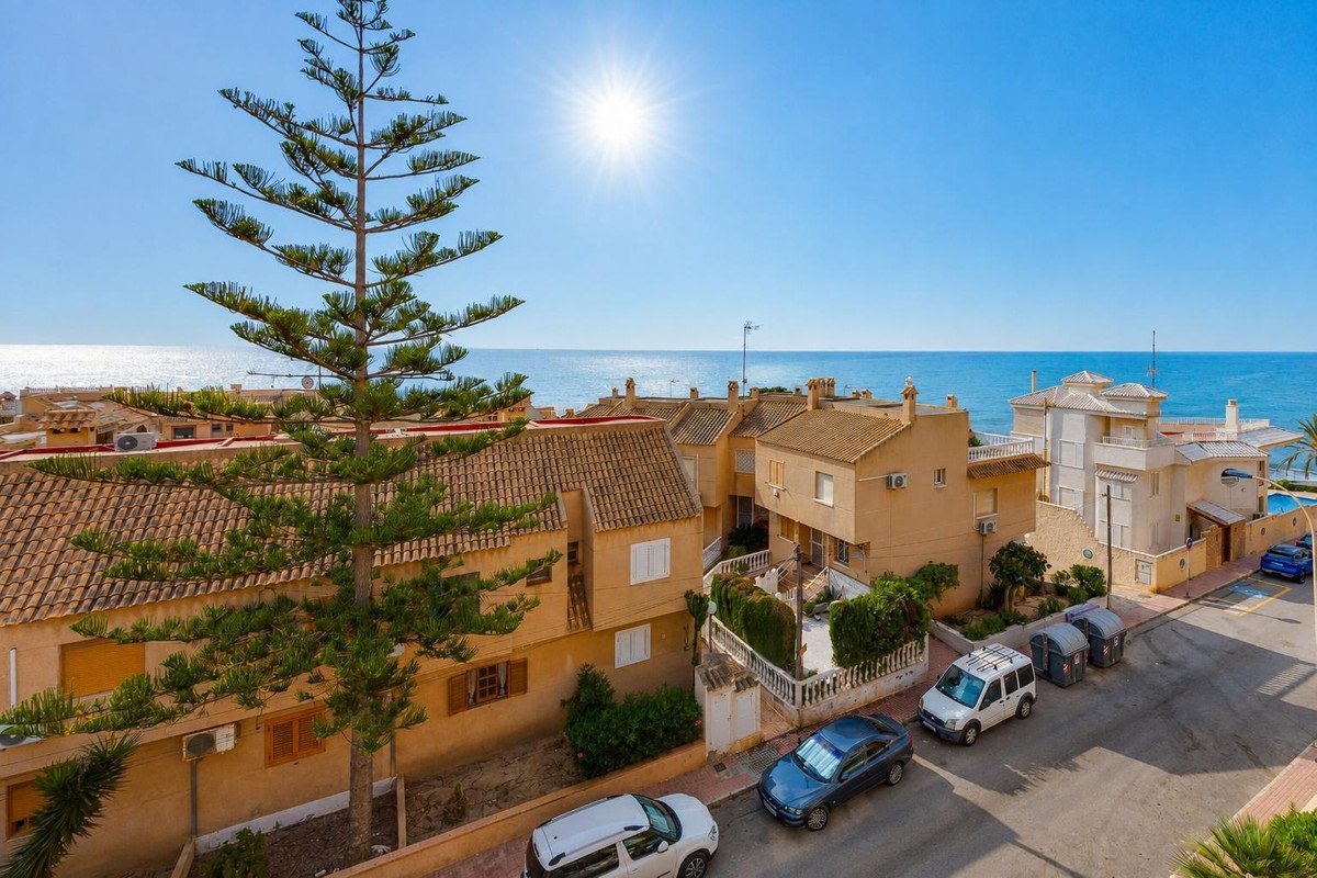 Townhouse exterior with a large pine tree, overlooking the blue sea under a sunny sky. Cars parked outside.