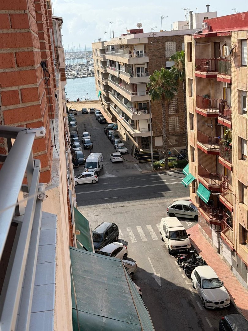 View from a balcony overlooking a street with parked cars, palm trees, and a harbor in the distance.