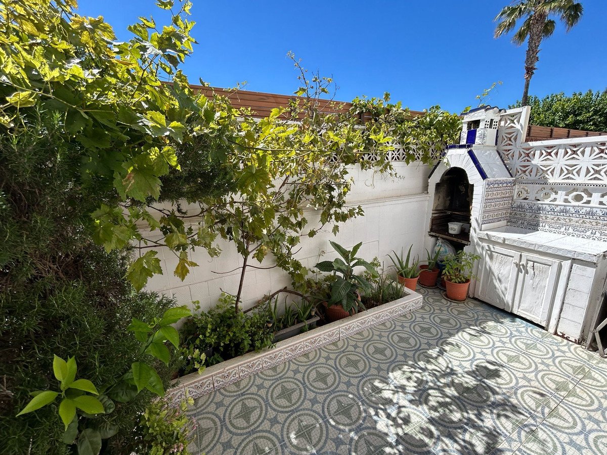 Terrace with lush green plants and decorative tiled floor under clear blue sky