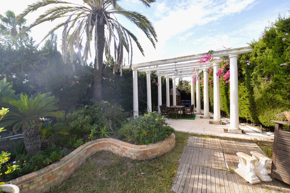 White-column garden with palm trees and flowering vines