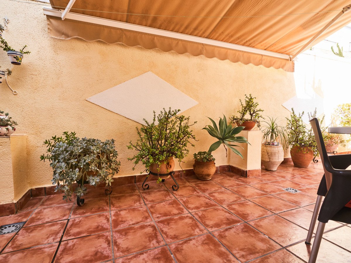 Covered terrace with numerous potted plants, terracotta tiled floor, and outdoor seating visible on the right.