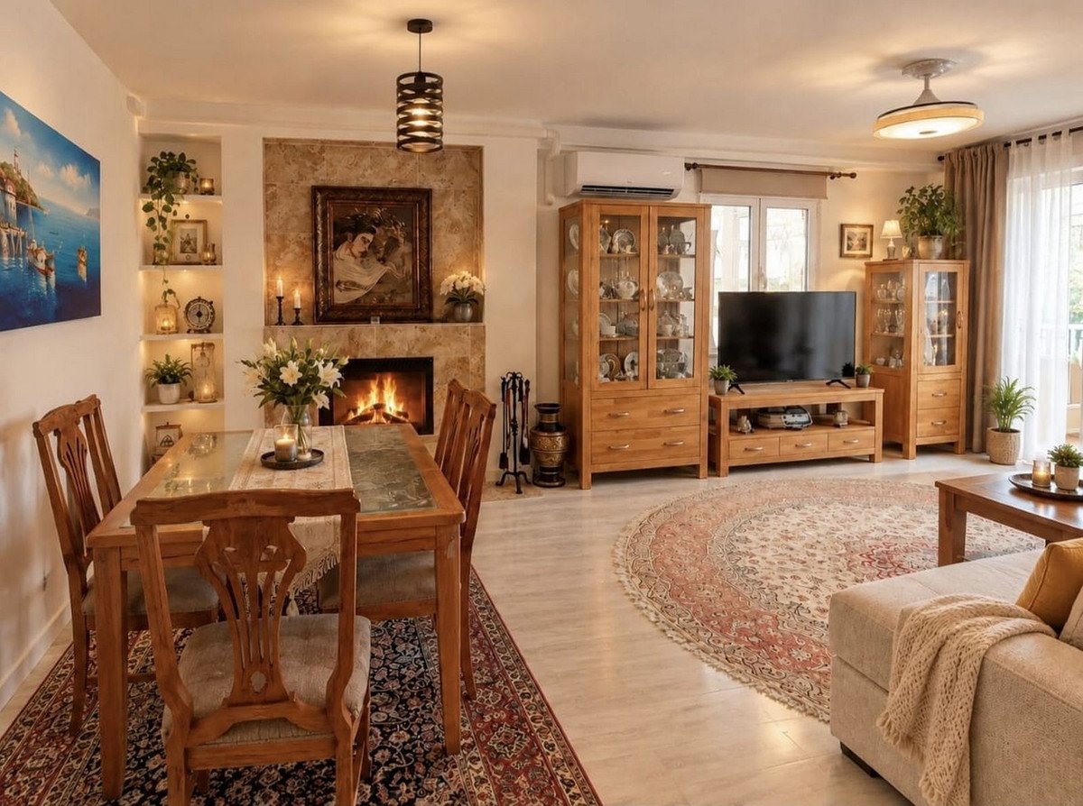Warm living and dining area with a fireplace, a wooden dining table, and a TV with cabinets.