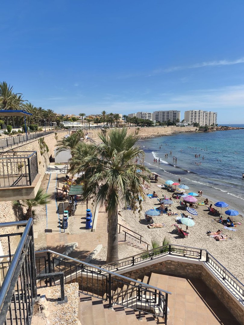 A view of a sandy beach with palm trees, people sunbathing, umbrellas, and apartment buildings in the background under a clear blue sky.
