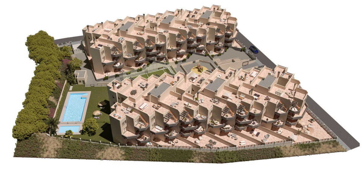 Luchtfoto van Residencial Altair met zwembad en balkons.