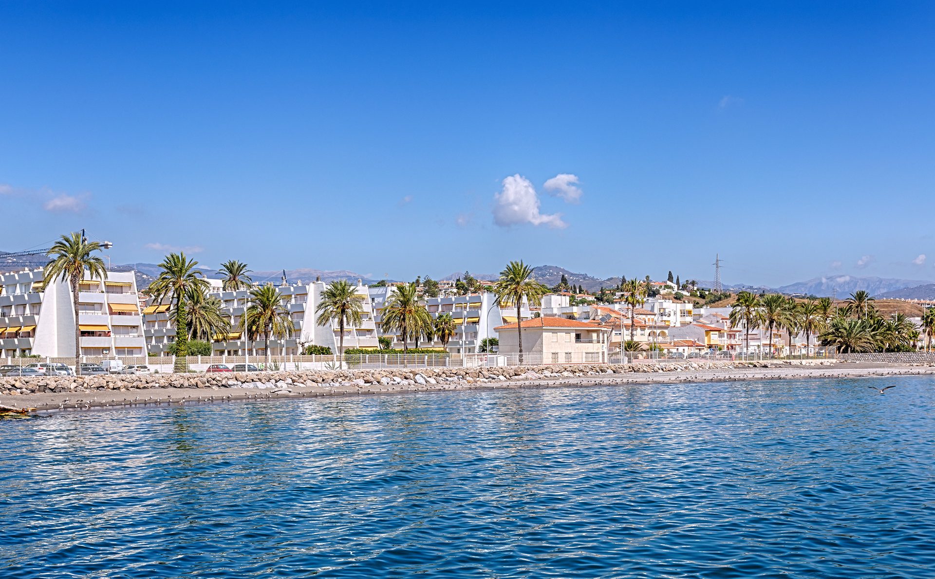 Coastal view room with balcony, ocean, palm trees, and distant mountains.