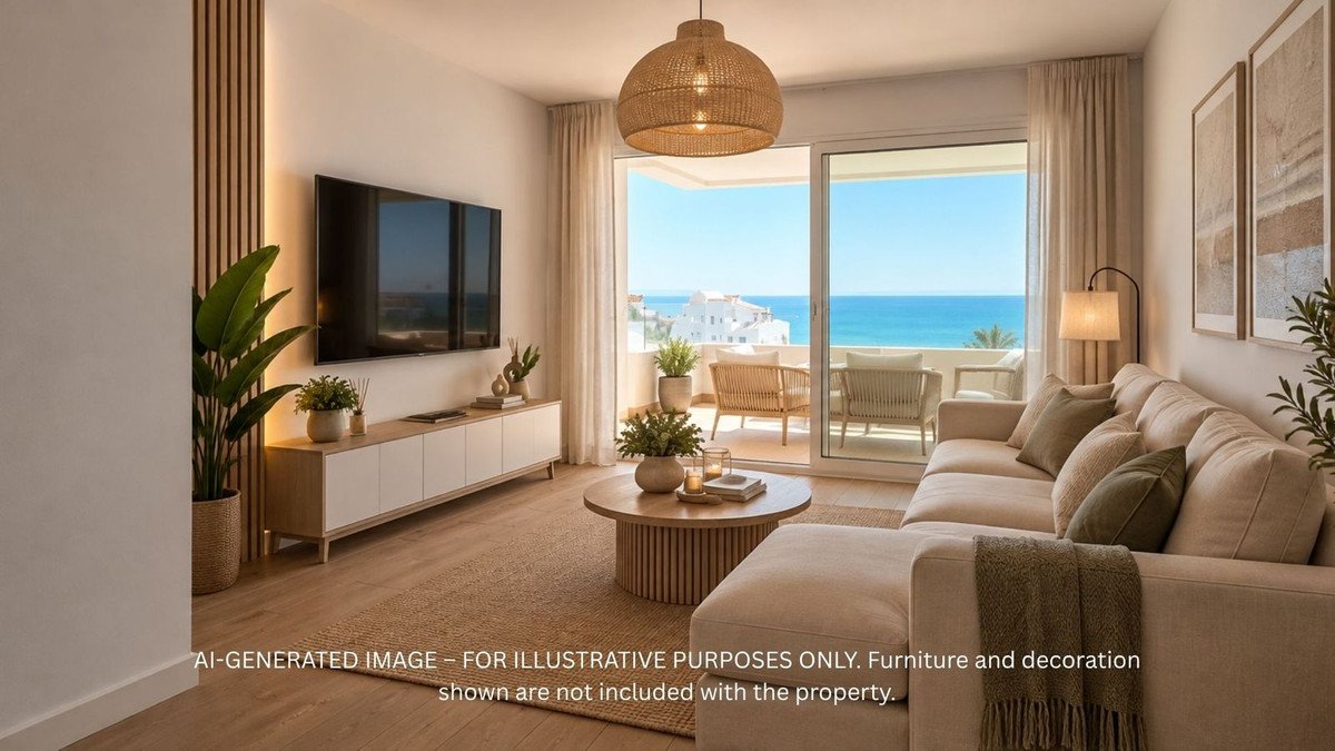 Modern living room with sea view, balcony access, large sofa, and TV. Bright and airy space.
