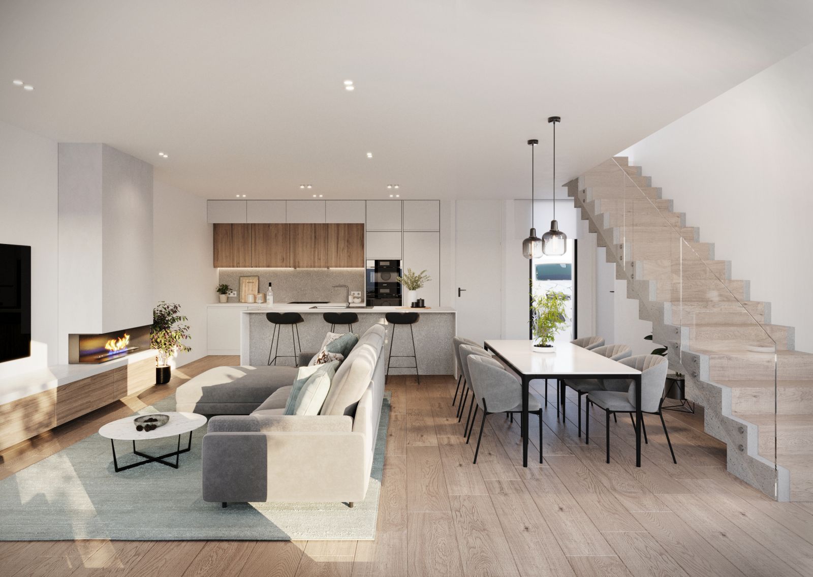 Modern villa interieur met open keuken, woonkamer, eettafel en trap.