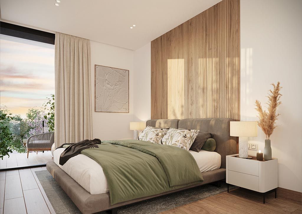 Moderne slaapkamer interieur in LLOIXA villa met houten accentmuur en uitzicht