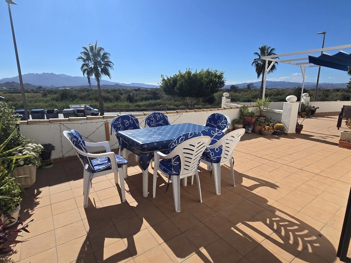 Terrace with dining set and mountain view under a clear blue sky, featuring potted plants and palm trees.