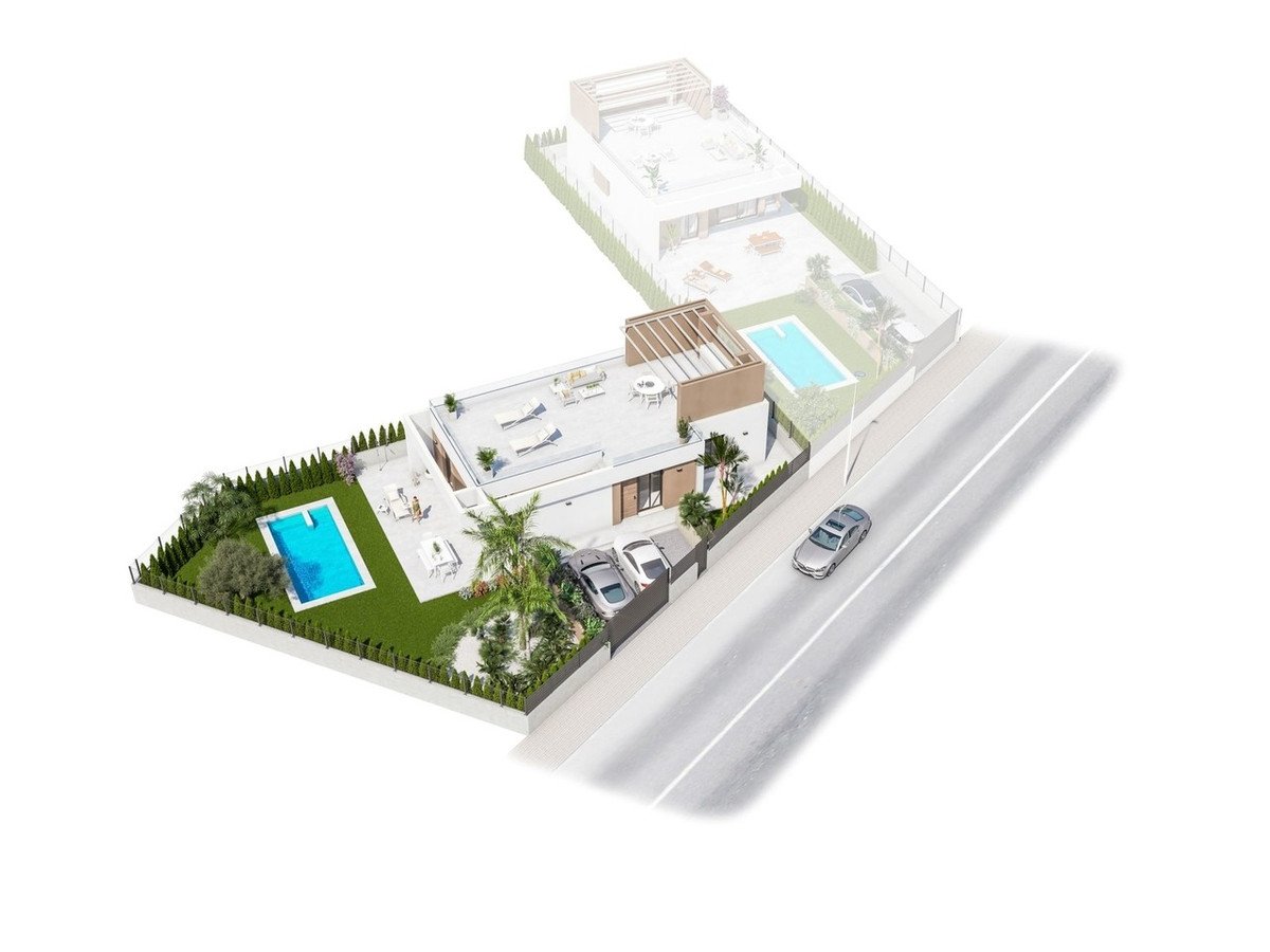 Modern villa with private swimming pool, sun loungers, outdoor seating area, and two parked cars. Adjacent to a road.