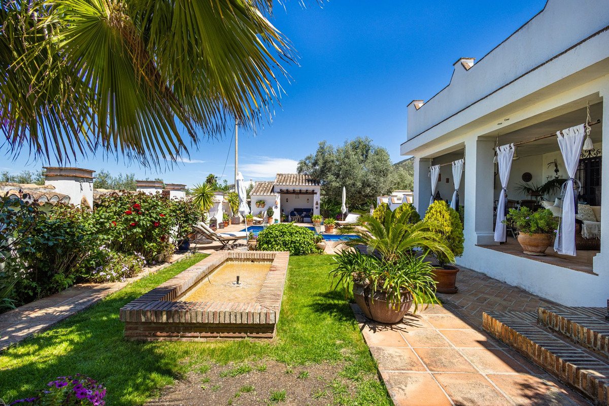 Outdoor area with a swimming pool, fountain, lounge chairs, lush garden, and covered patio with white curtains on a sunny day.